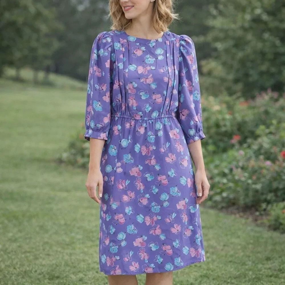Vintage Charlee Allison Cottagecore Floral Midi Dress Women’s Size 7/8 Lavender